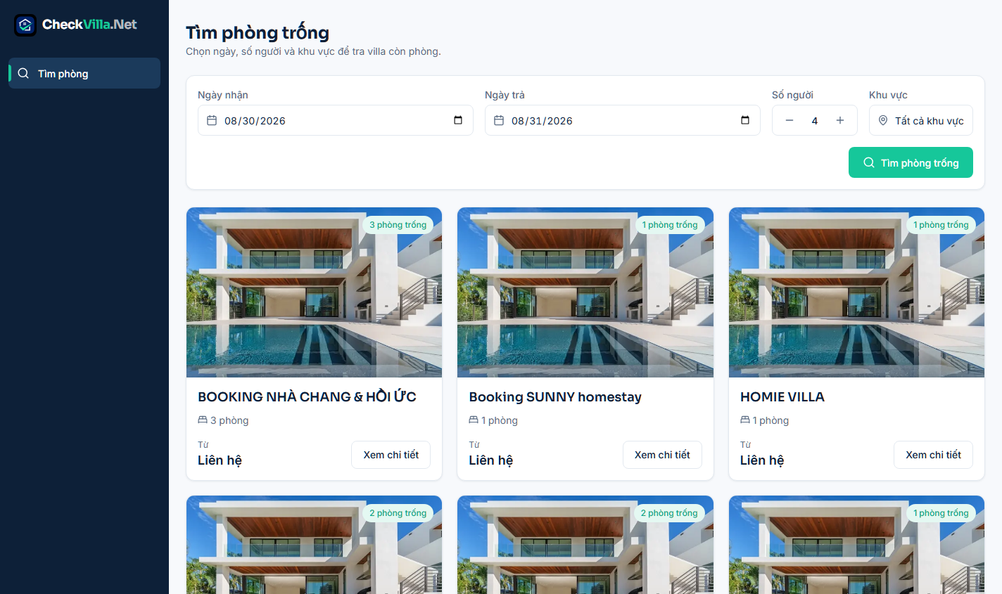 Màn hình tra phòng trống trong CheckVilla, danh sách villa còn phòng