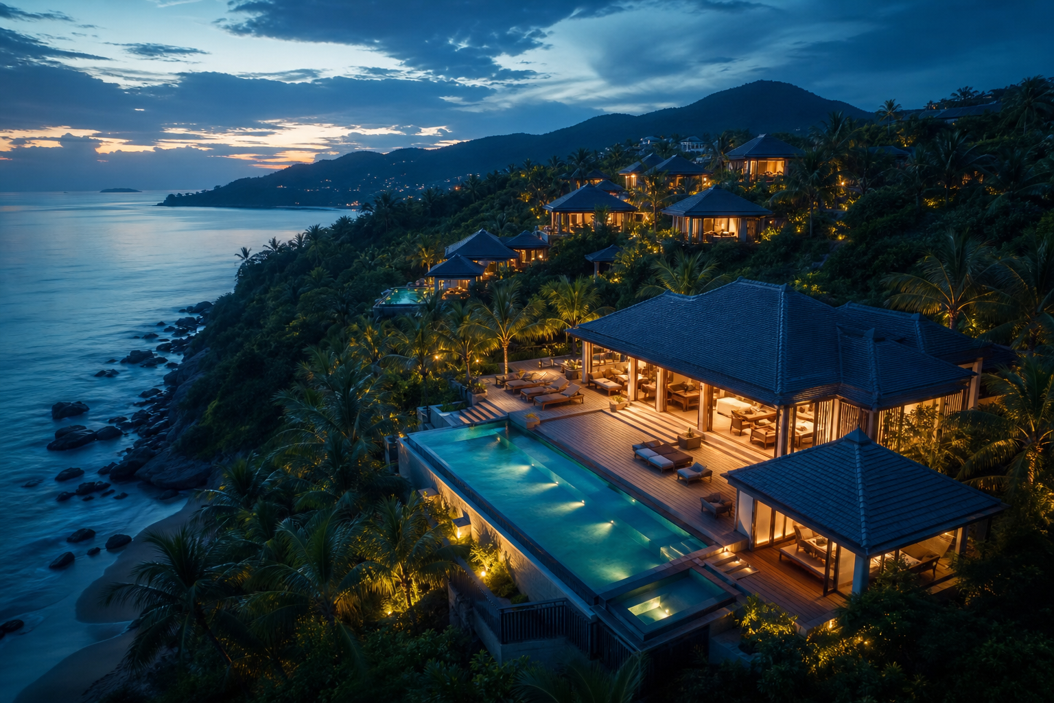 Villa nghỉ dưỡng ven biển lúc hoàng hôn